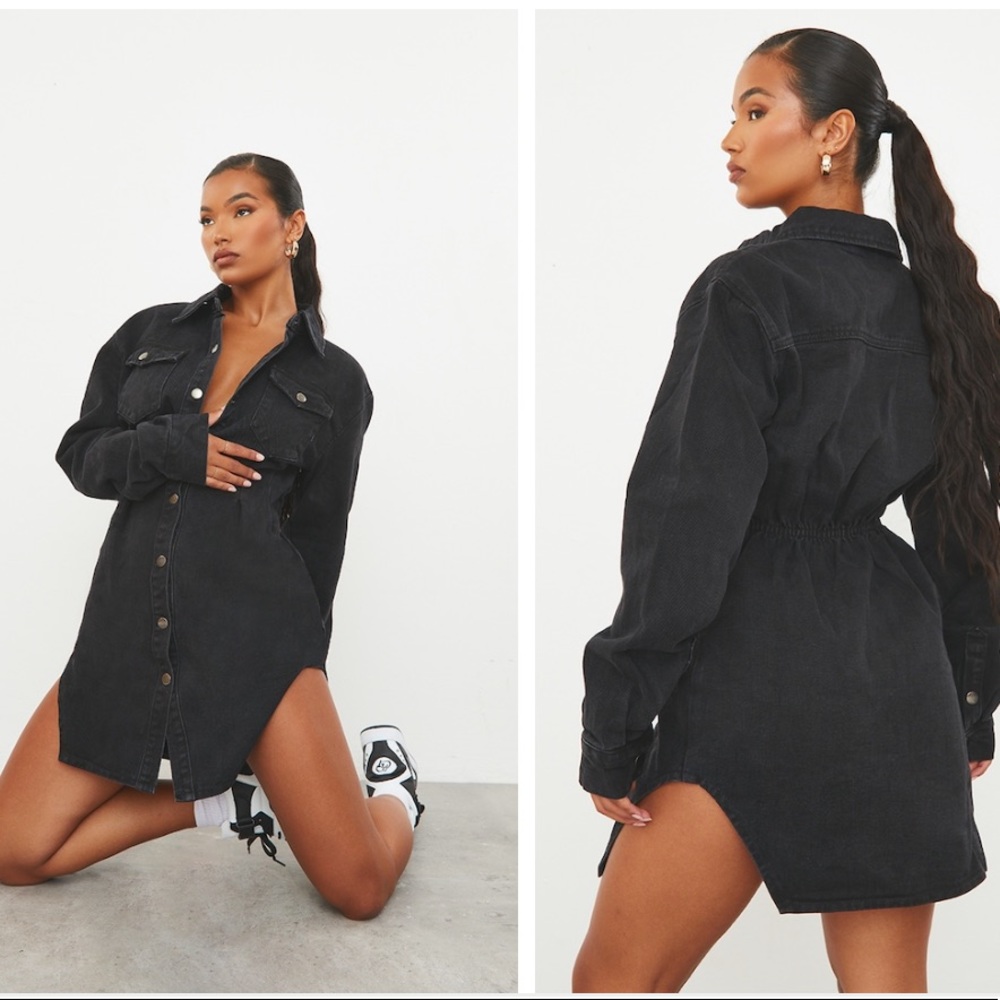 Pretty Little Thing Washed Black Cinched Waist Long Sleeve Denim Dress